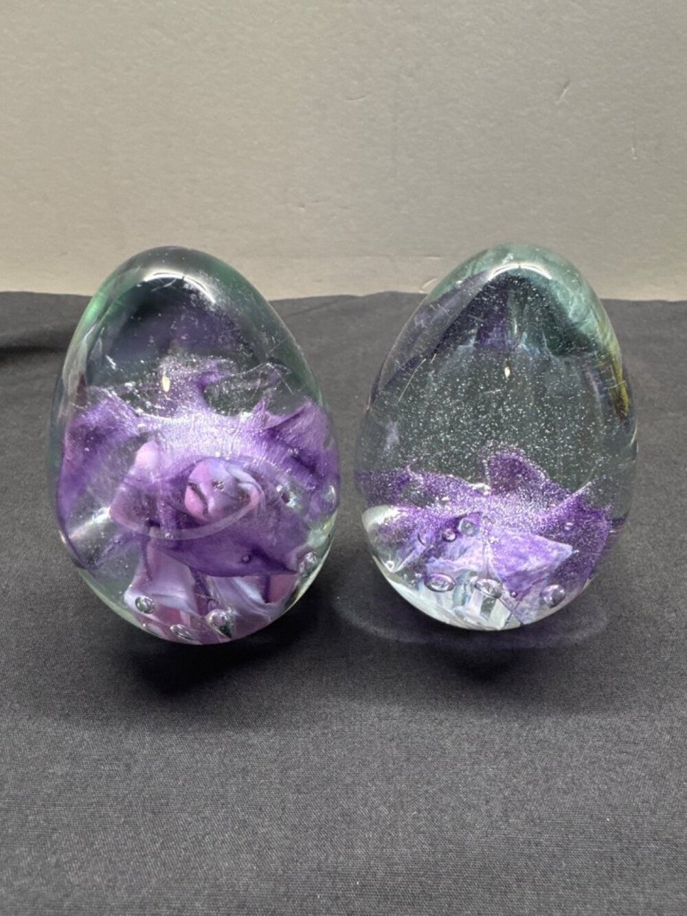 Handcrafted Clear & Purple Swirl Glass Paperweight Pair Egg Shape 3.5" Tall